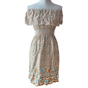 Boho Floral Off-Shoulder Dress in Teal & Rust